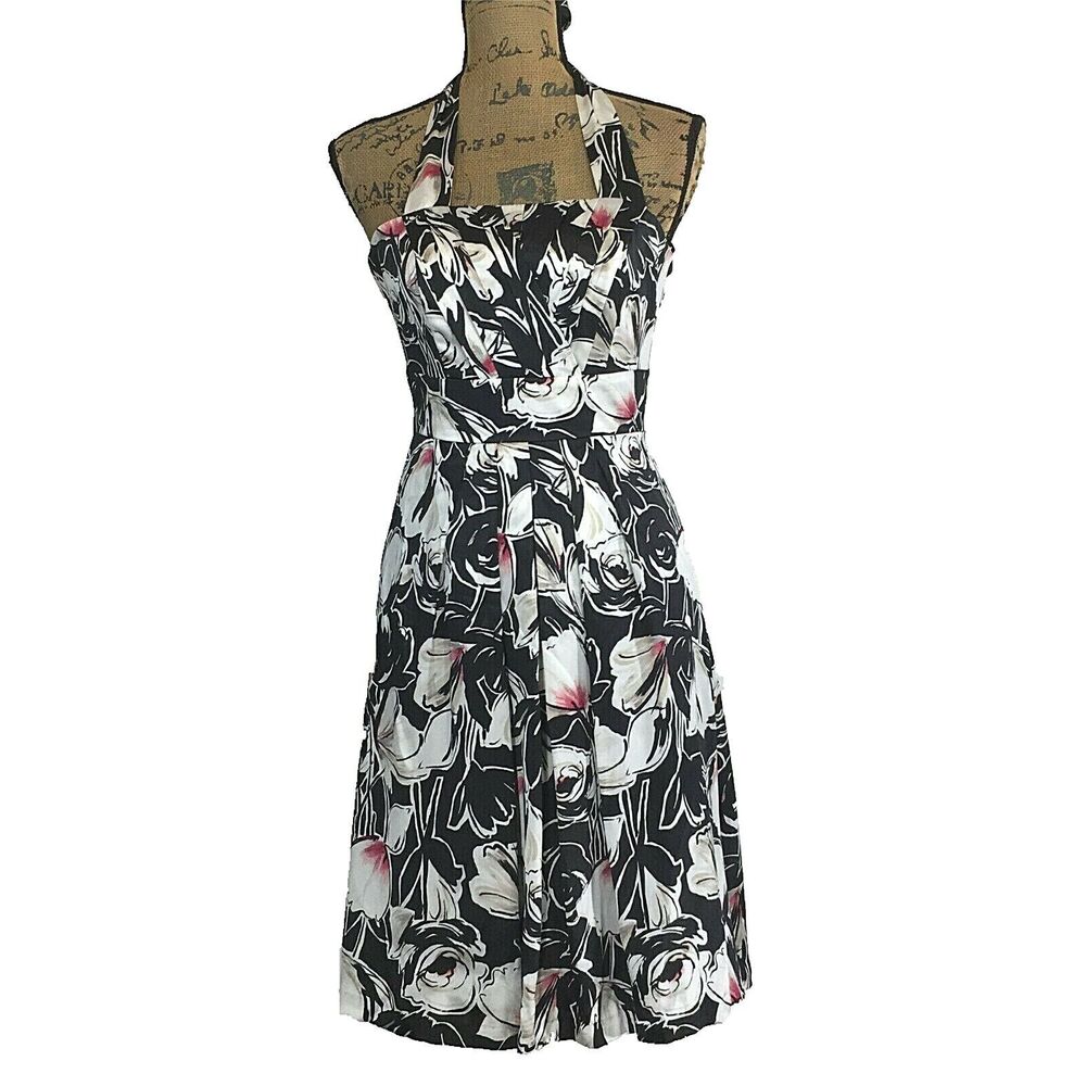 White House Black Market Dress 0 Beige Pink Floral Silk Halter Pleat Party LN